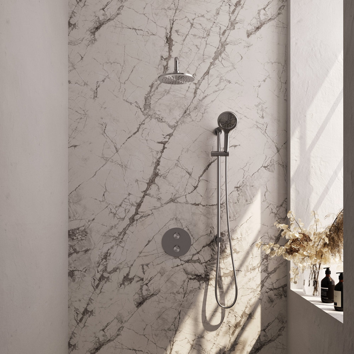 Brauer Edition inbouw regendoucheset 3-weg rond - 20cm hoofddouche - gebogen wandarm - 3 standen handdouche - glijstang - geborsteld RVS PVD