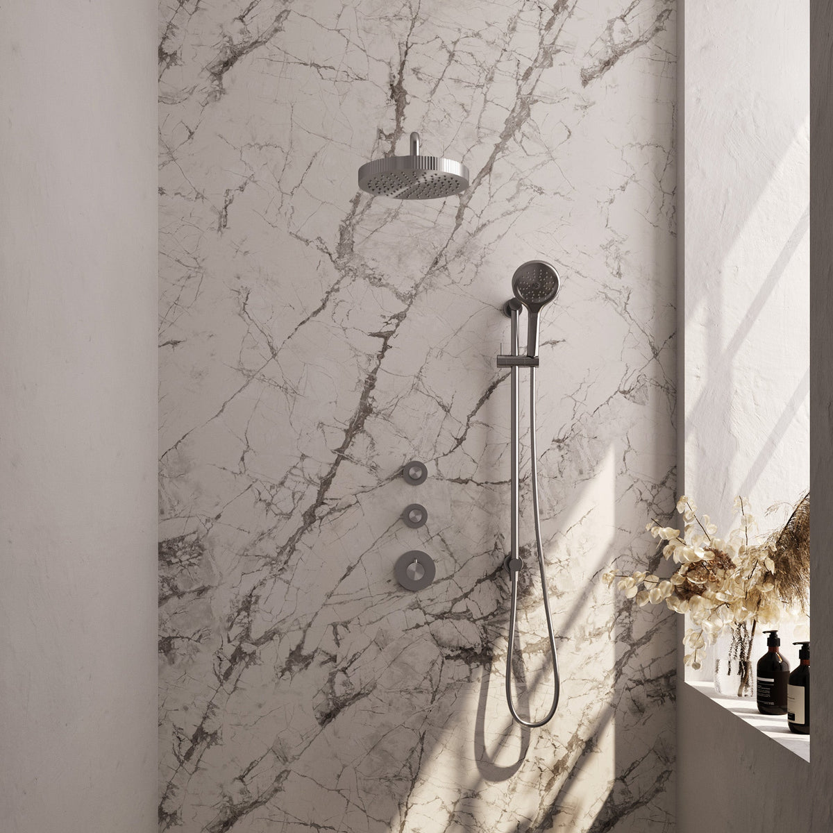 Brauer Stripe inbouw regendoucheset met 2 stopkranen - gebogen wandarm - 3-standen handdouche - glijstang - geborsteld RVS PVD