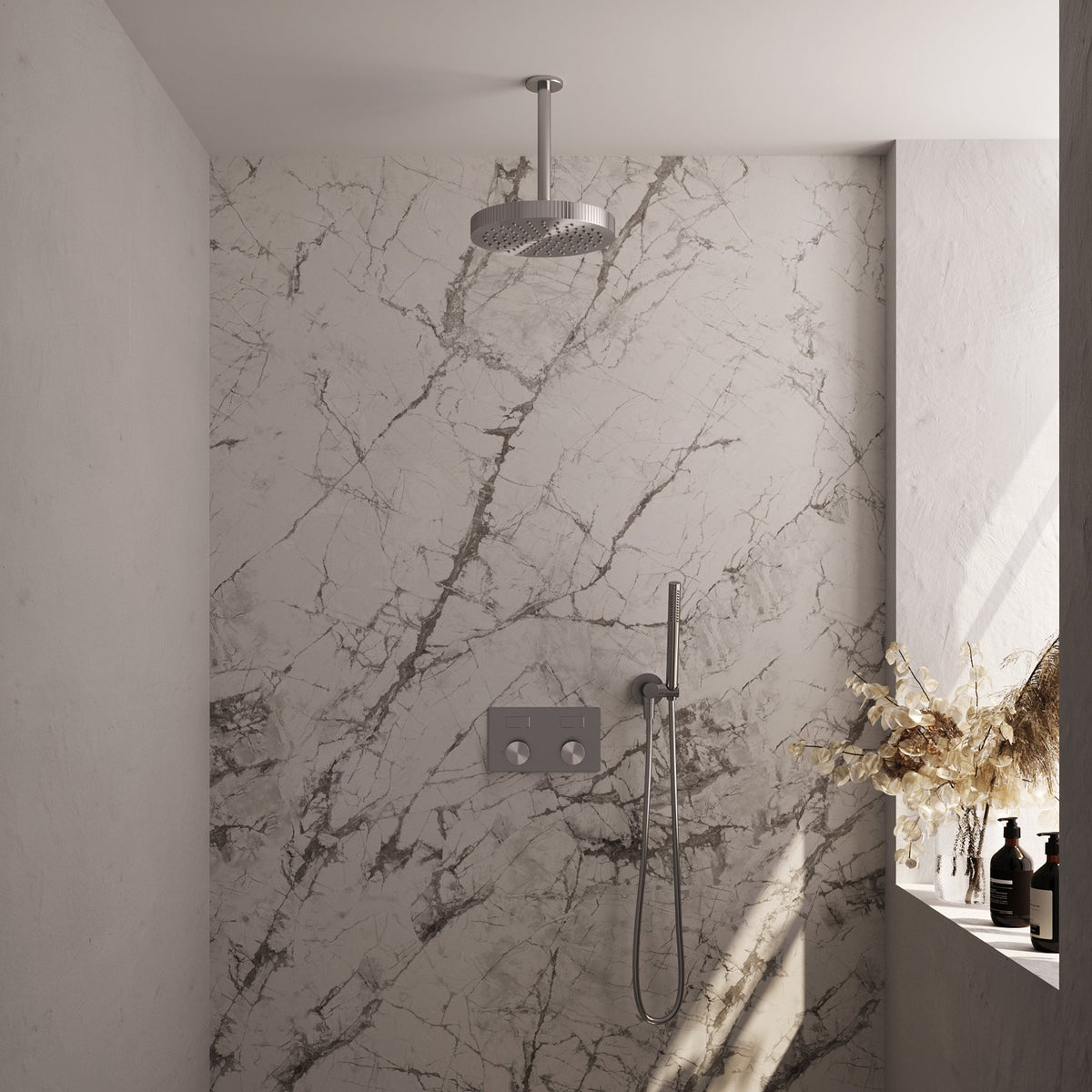 Brauer Stripe inbouw regendoucheset met drukknoppen  - 20cm plafondbuis - staafhanddouche - wandhouder - geborsteld RVS PVD
