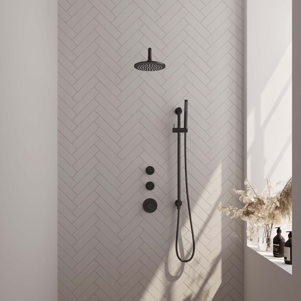 Brauer Edition thermostatische inbouw doucheset - hoofddouche 20cm - wandarm gebogen - staafhanddouche - Glijstang - Mat Zwart