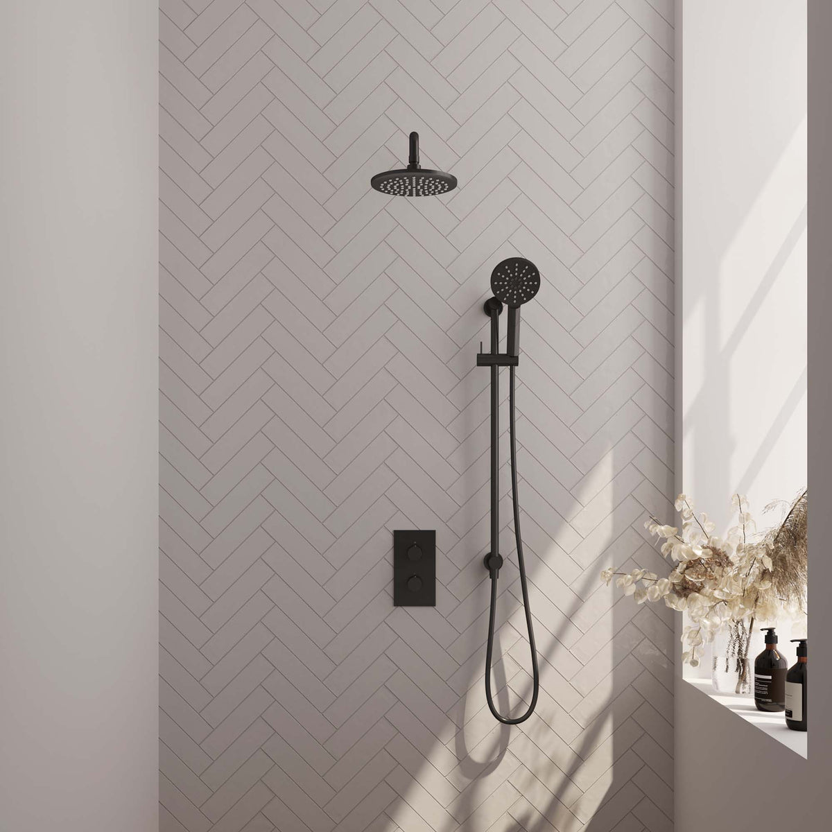 Brauer Carving inbouwset met 3-weg thermostaat - hoofddouche 20cm - gebogen wandarm 40cm - ronde 3-standen handdouche - glijstang met aansluitbocht - Mat Zwart