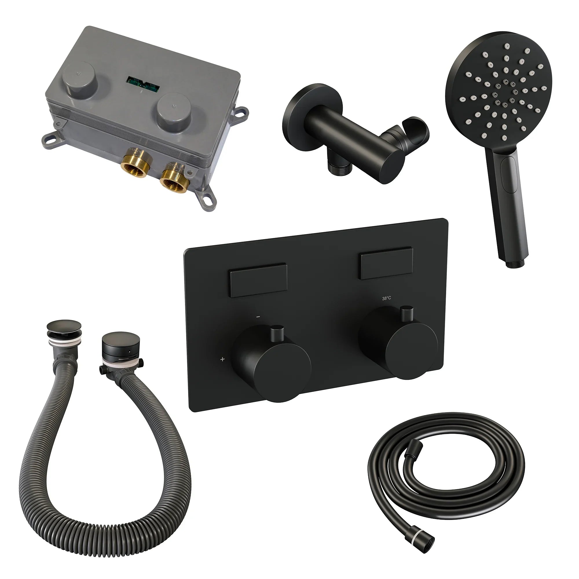 Brauer Brushed Edition thermostatische inbouw badkraan met drukknoppen SET 04 met badvulcombinatie en 3-standen handdouche en doucheslang en wandaansluitbocht RVS geborsteld PVD - 5-NG-209