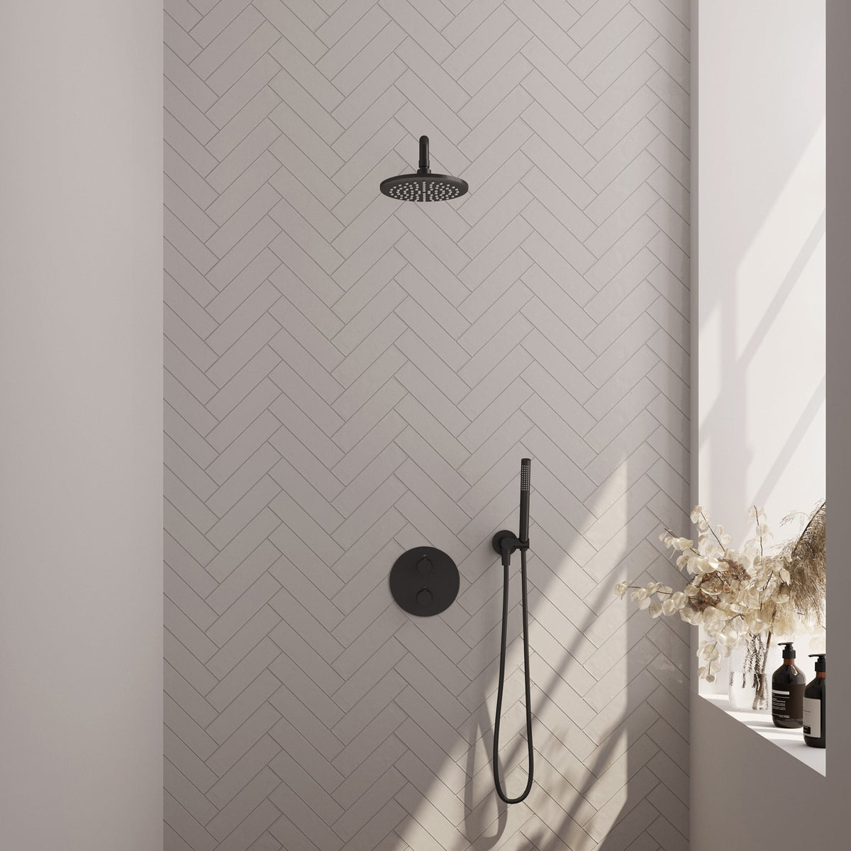 Brauer Edition inbouw regendoucheset 3-weg rond - 20cm hoofddouche - gebogen wandarm - staafhanddouche - wandhouder - Mat Zwart