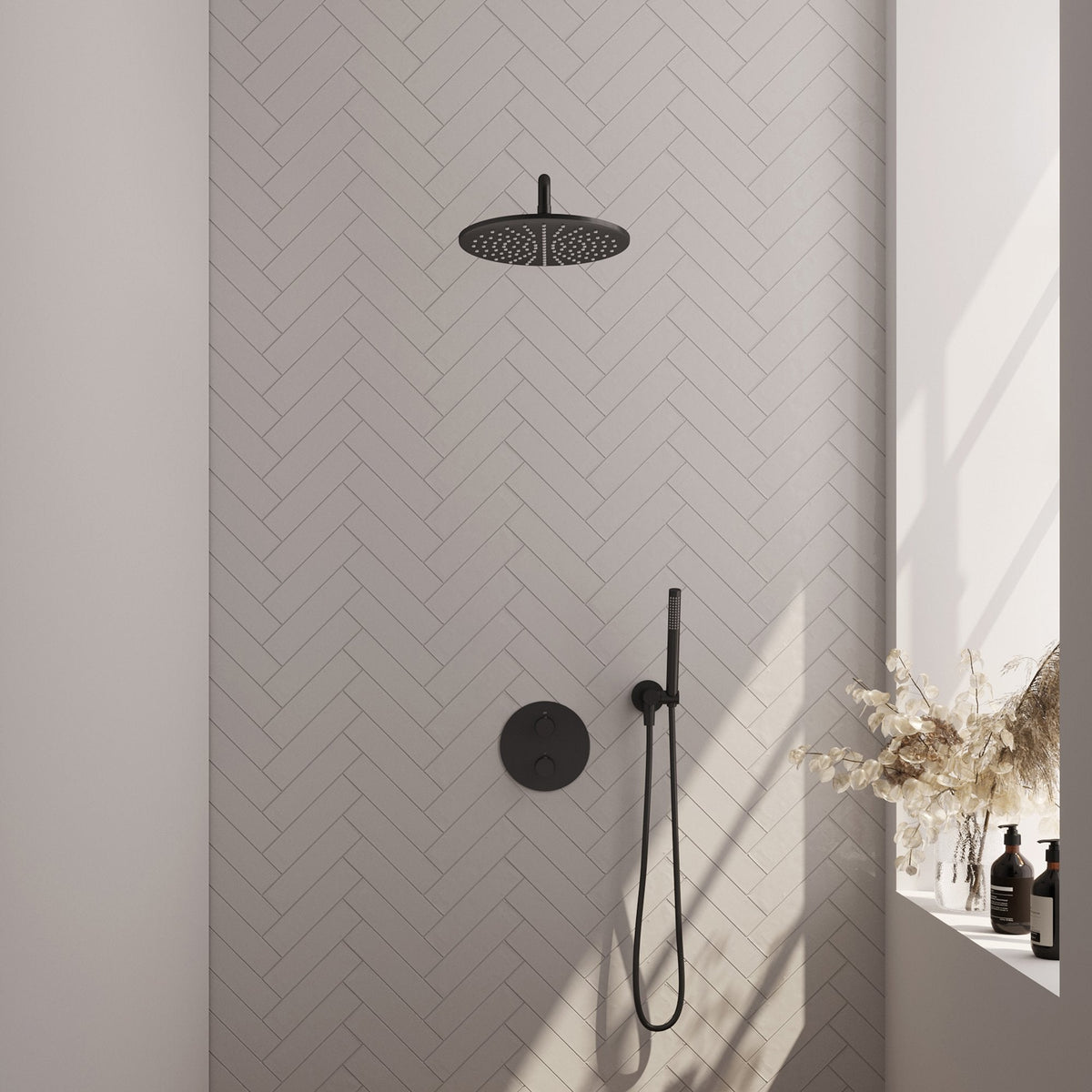 Brauer Edition inbouw regendoucheset 3-weg rond - 30cm hoofddouche - gebogen wandarm - staafhanddouche - wandhouder - Mat Zwart