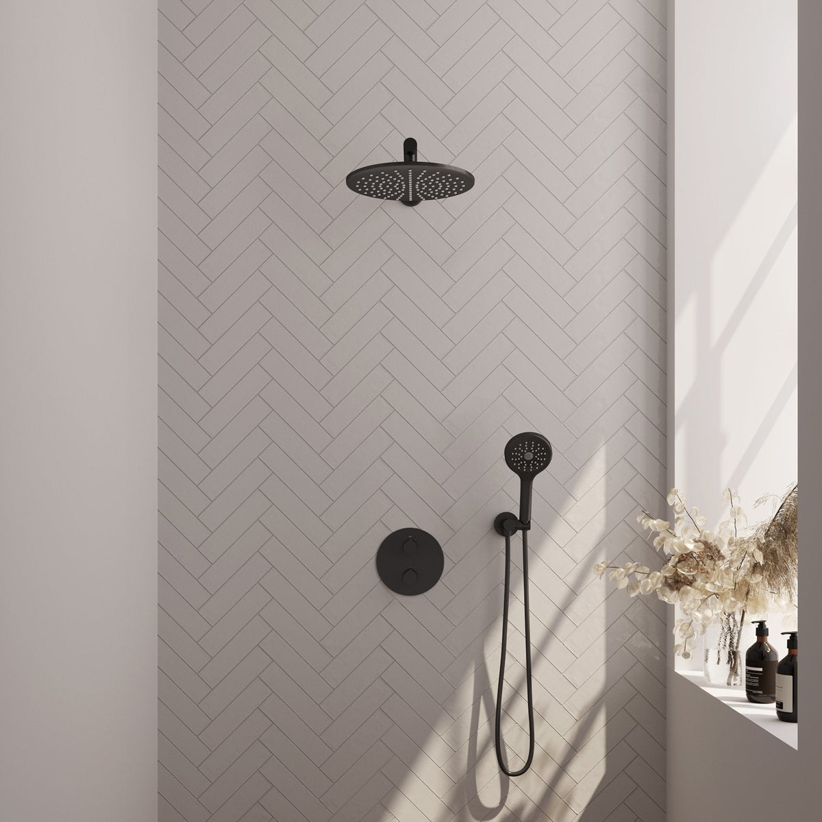 Brauer Edition inbouw regendoucheset 3-weg rond - 30cm hoofddouche - rechte wandarm - 3 standen handdouche - wandhouder - Mat Zwart