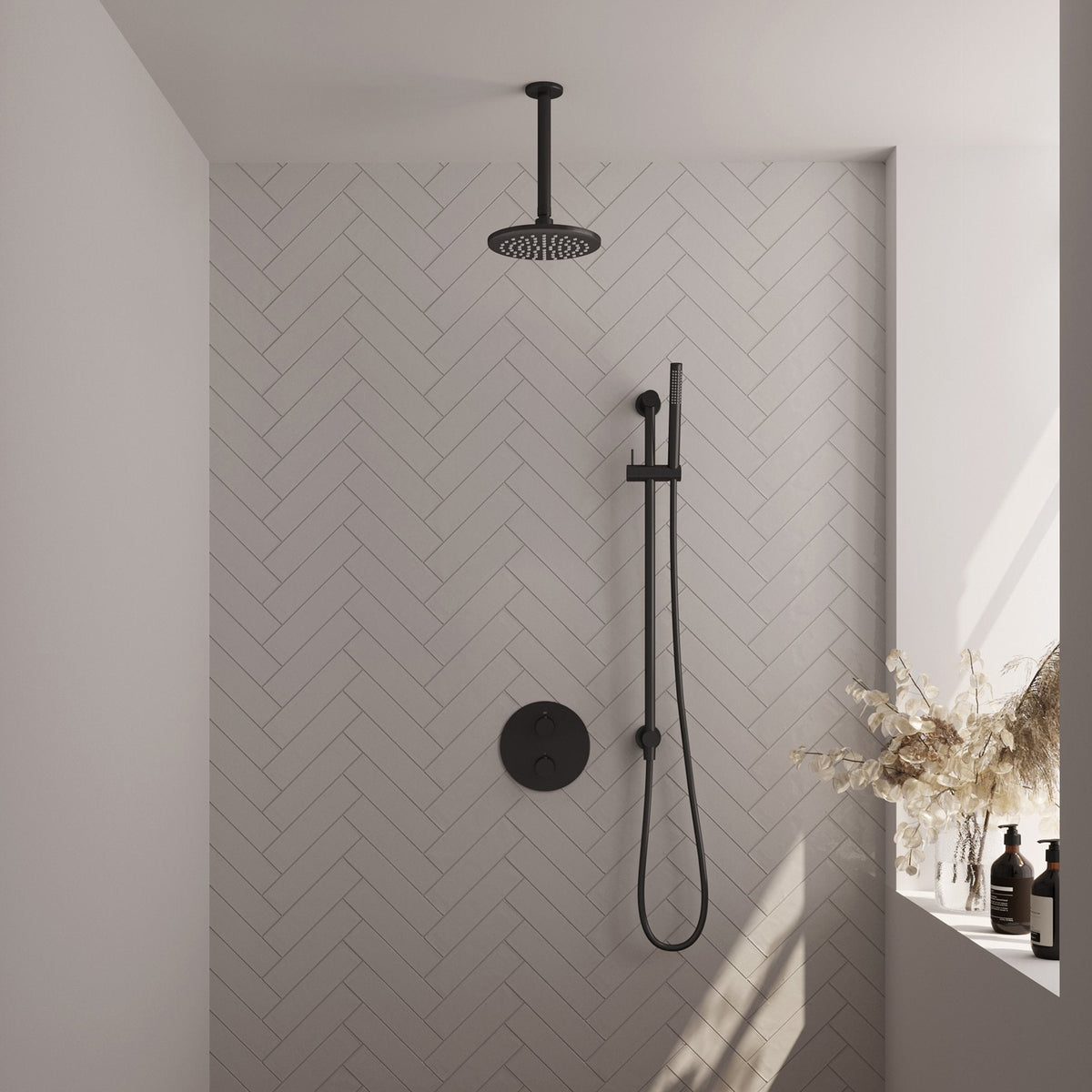 Brauer Edition inbouw regendoucheset 3-weg rond - 20cm hoofddouche - plafondarm - staafhanddouche - glijstang - Mat Zwart