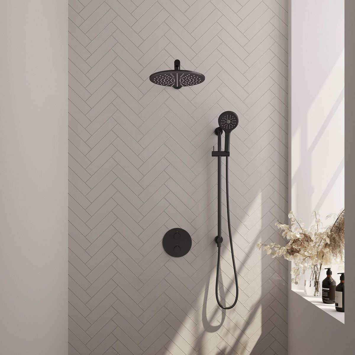 Brauer Edition inbouw regendoucheset 3-weg rond - 30cm hoofddouche - rechte wandarm - 3 standen handdouche - glijstang - Mat Zwart