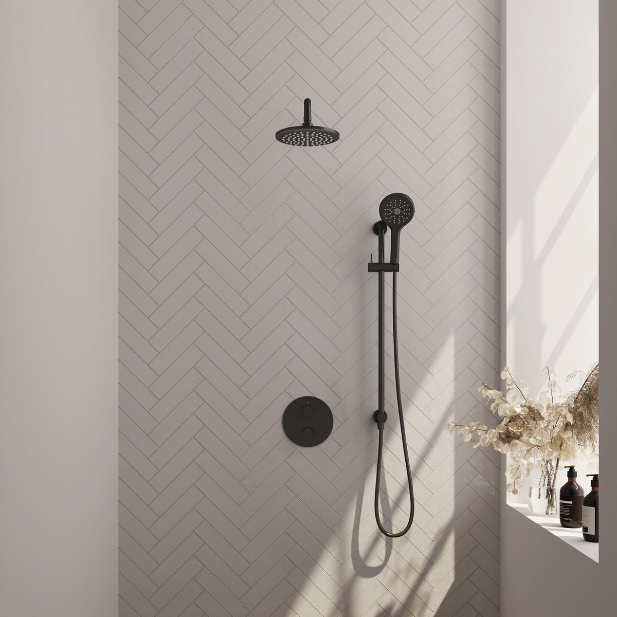Brauer Edition inbouw regendoucheset 3-weg rond - 20cm hoofddouche - gebogen wandarm - 3 standen handdouche - glijstang - Mat Zwart