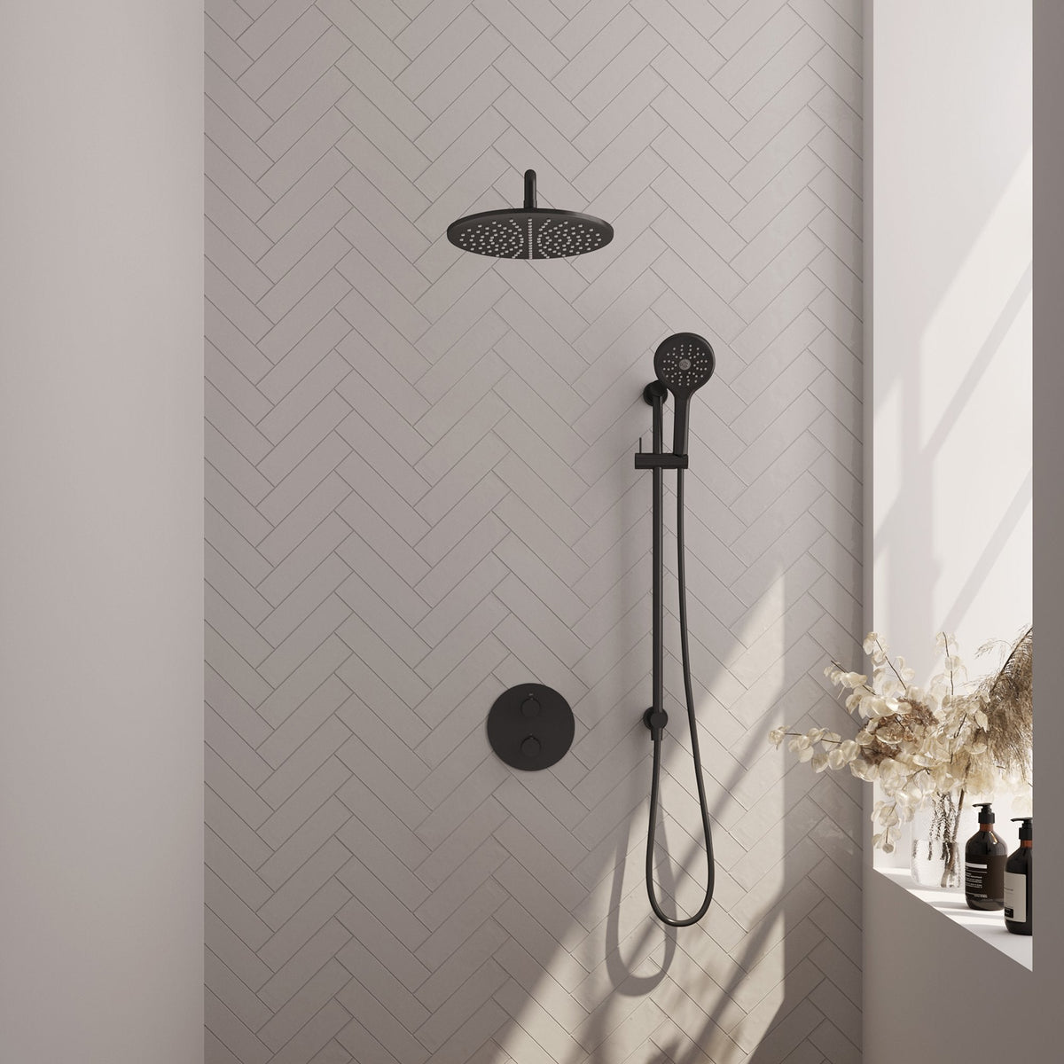 Brauer Carving inbouw regendoucheset 3-weg rond - 30cm hoofddouche - gebogen wandarm - 3 standen handdouche - glijstang - Mat Zwart