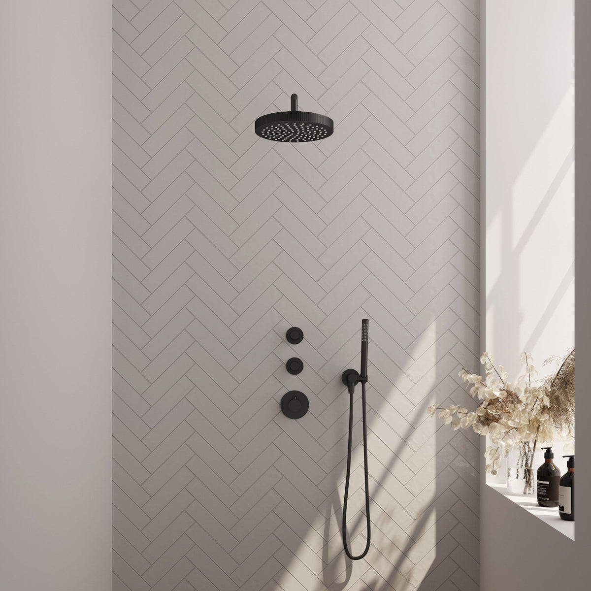 Brauer Stripe inbouw regendoucheset met 2 stopkranen - gebogen wandarm - staafhanddouche - wandhouder - Mat Zwart