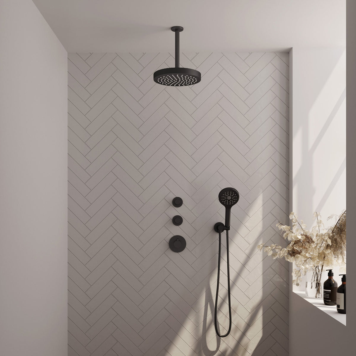 Brauer Stripe inbouw regendoucheset met 2 stopkranen  - 20cm plafondbuis - staafhanddouche - wandhouder - Mat Zwart