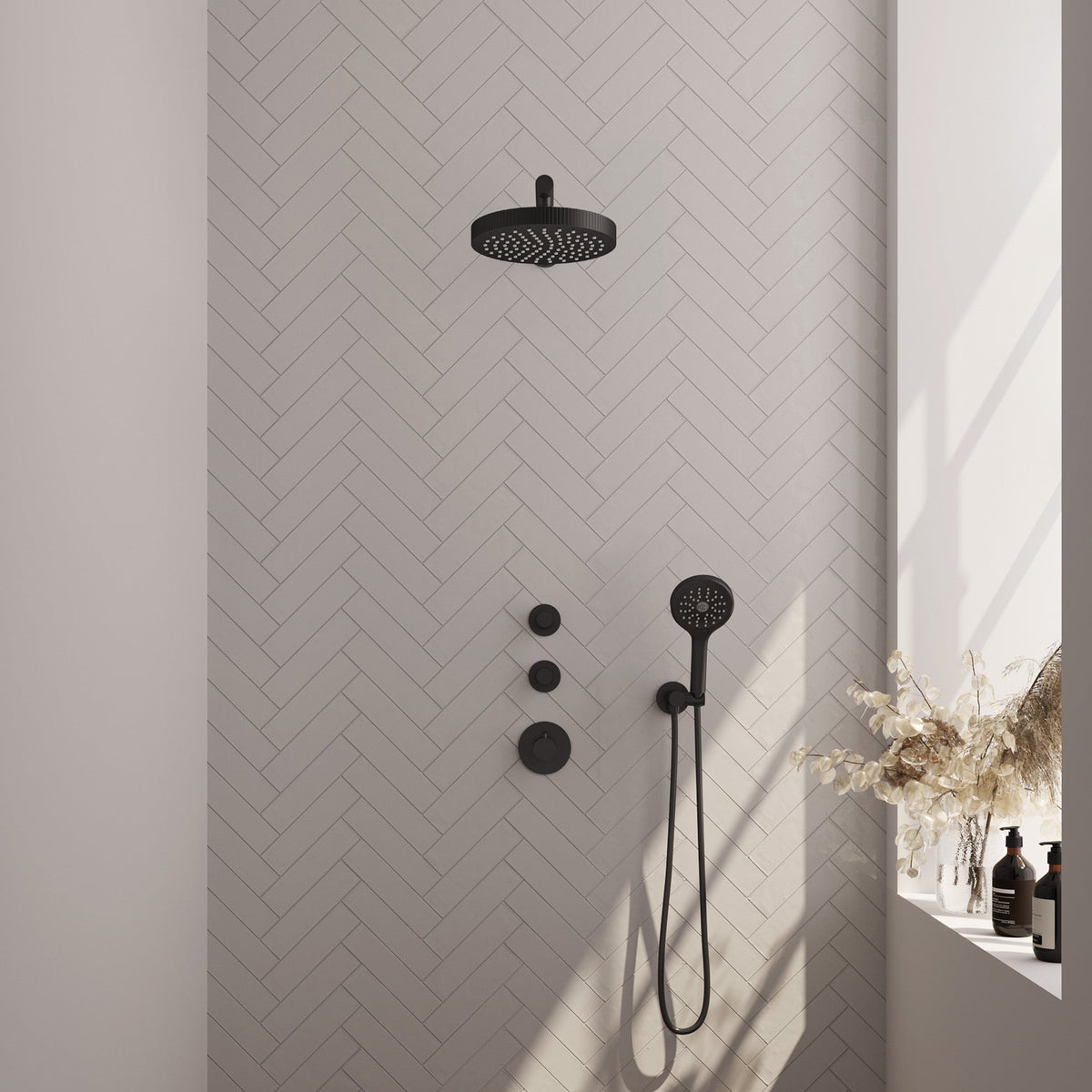 Brauer Stripe inbouw regendoucheset met 2 stopkranen - rechte wandarm - 3-standen handdouche - wandhouder - Mat Zwart