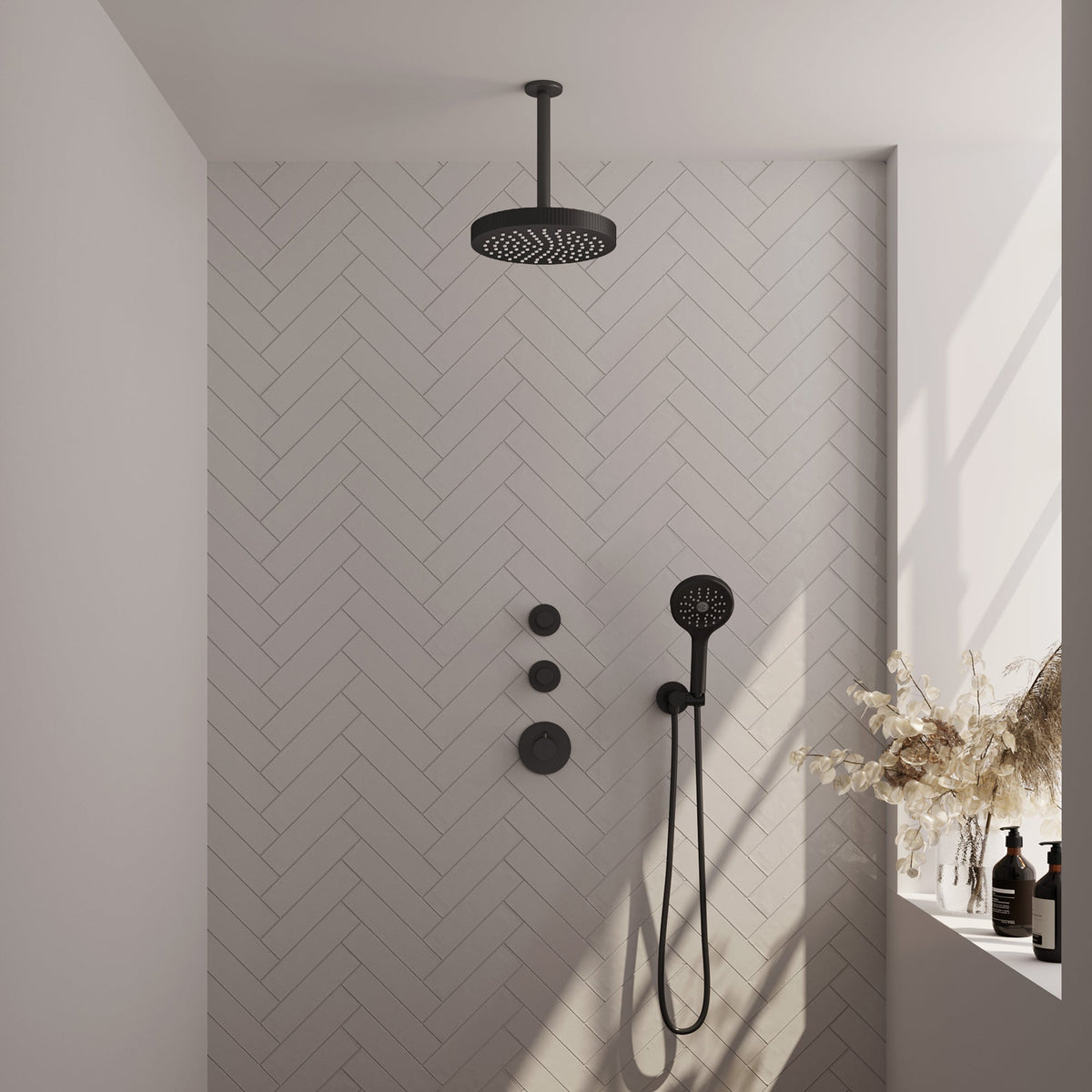 Brauer Stripe inbouw regendoucheset met 2 stopkranen  - 20cm plafondbuis - 3-standen handdouche - wandhouder - Mat Zwart