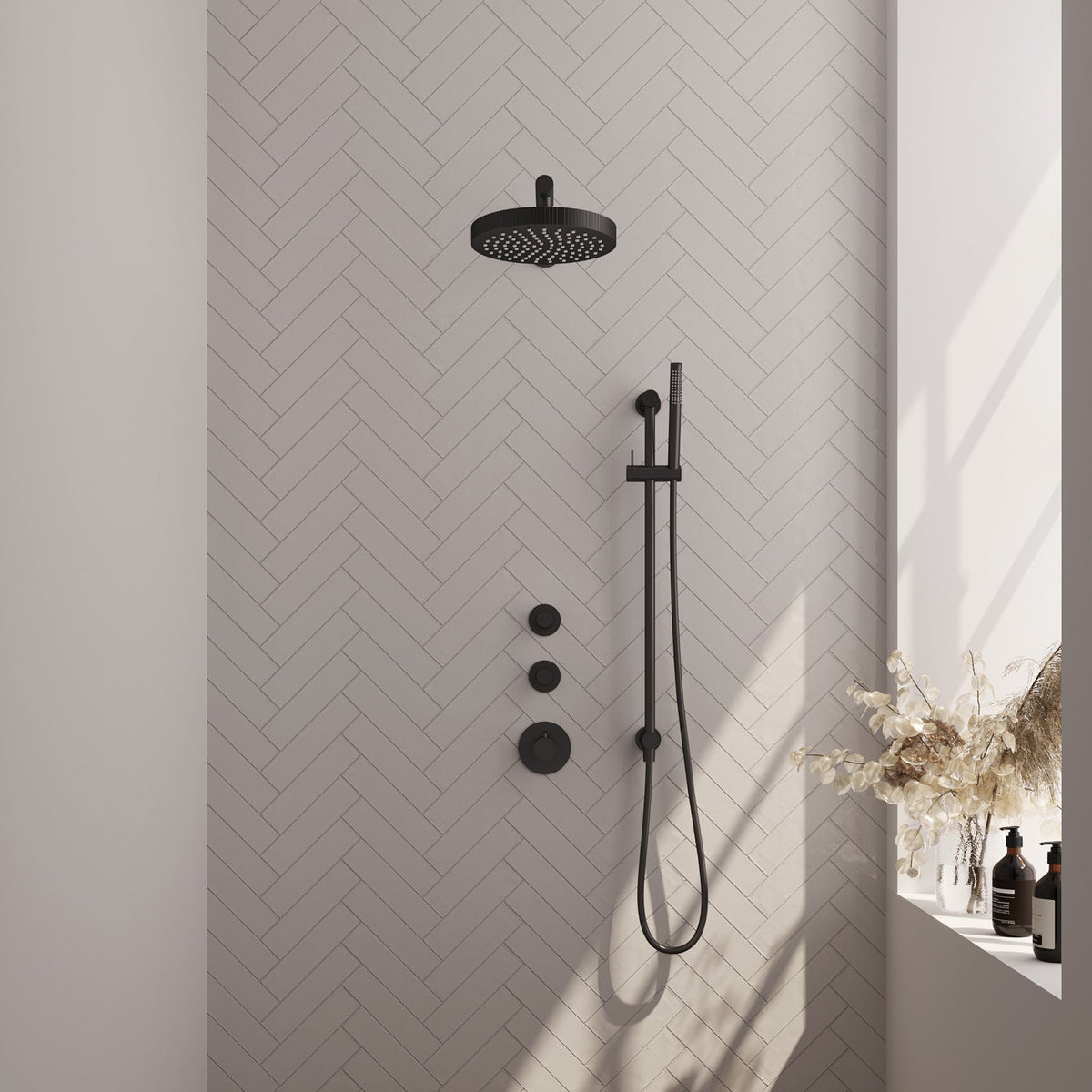 Brauer Stripe inbouw regendoucheset met 2 stopkranen - rechte wandarm - staafhanddouche - glijstang - Mat Zwart