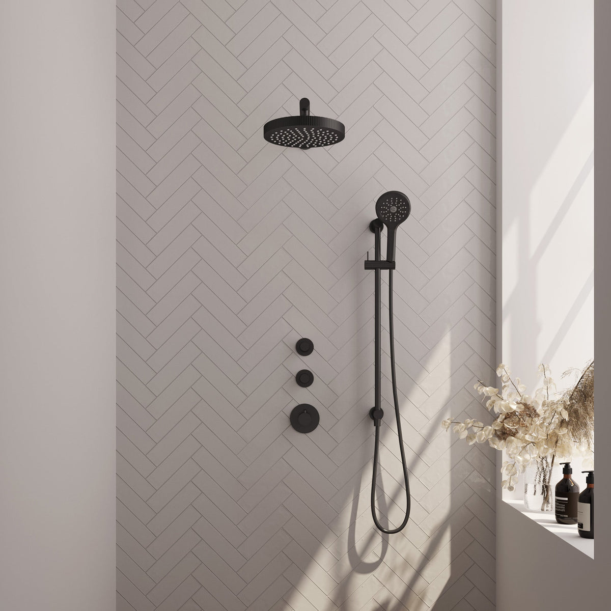 Brauer Stripe inbouw regendoucheset met 2 stopkranen - rechte wandarm - 3-standen handdouche - glijstang - Mat Zwart