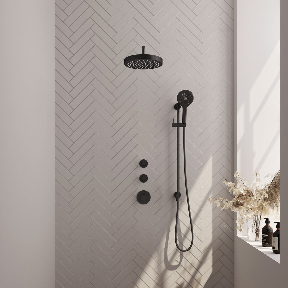 Brauer Stripe inbouw regendoucheset met 2 stopkranen - gebogen wandarm - 3-standen handdouche - glijstang - Mat Zwart