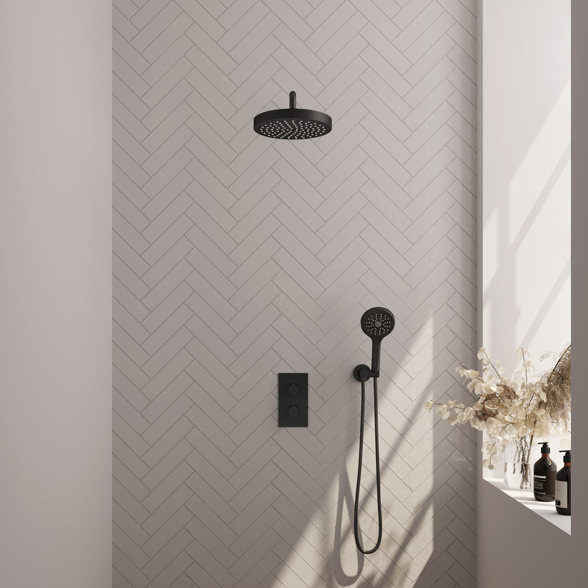 Brauer Stripe thermostatische inbouw regendouche rechthoekig - gebogen wandarm - 3-standen handdouche - wandhouder - Mat Zwart