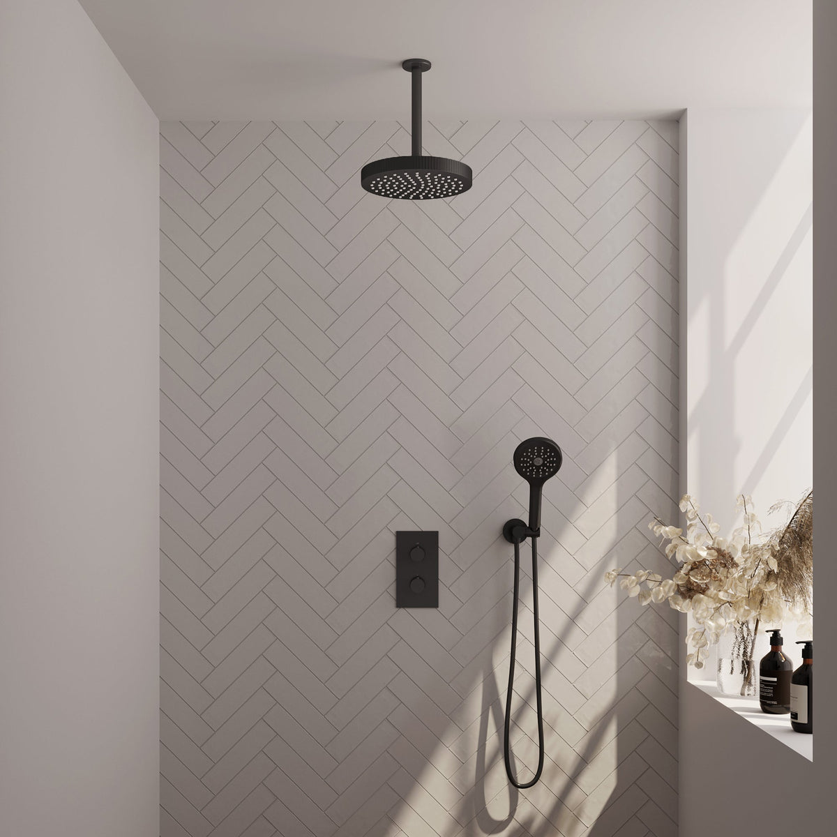 Brauer Stripe thermostatische inbouw regendouche rechthoekig  - 20cm plafondbuis - 3-standen handdouche - wandhouder - Mat Zwart