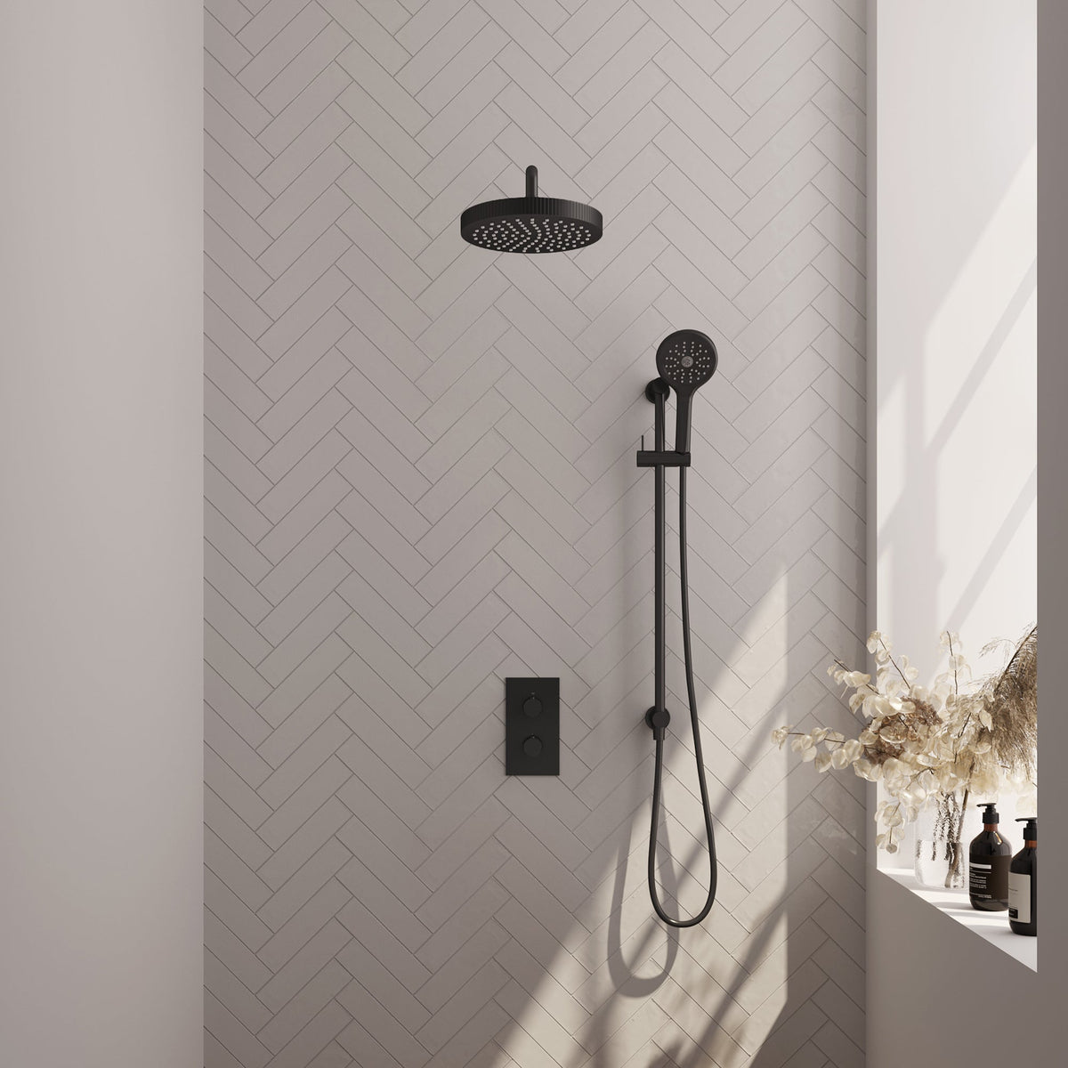 Brauer Stripe thermostatische inbouw regendouche rechthoekig - gebogen wandarm - 3-standen handdouche - glijstang - Mat Zwart