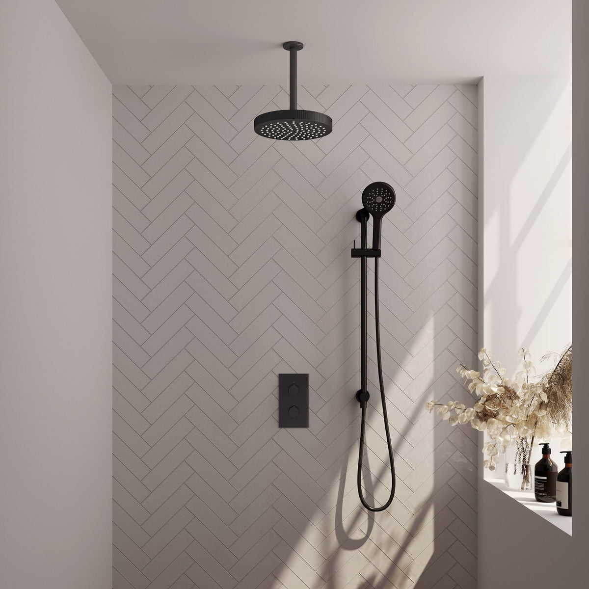 Brauer Stripe thermostatische inbouw regendouche rechthoekig  - 20cm plafondbuis - 3-standen handdouche - glijstang - Mat Zwart
