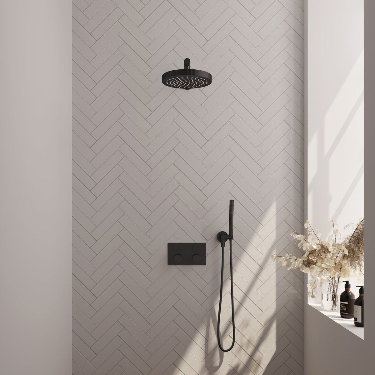 Brauer Stripe inbouw regendoucheset met drukknoppen - rechte wandarm - staafhanddouche - wandhouder - Mat Zwart