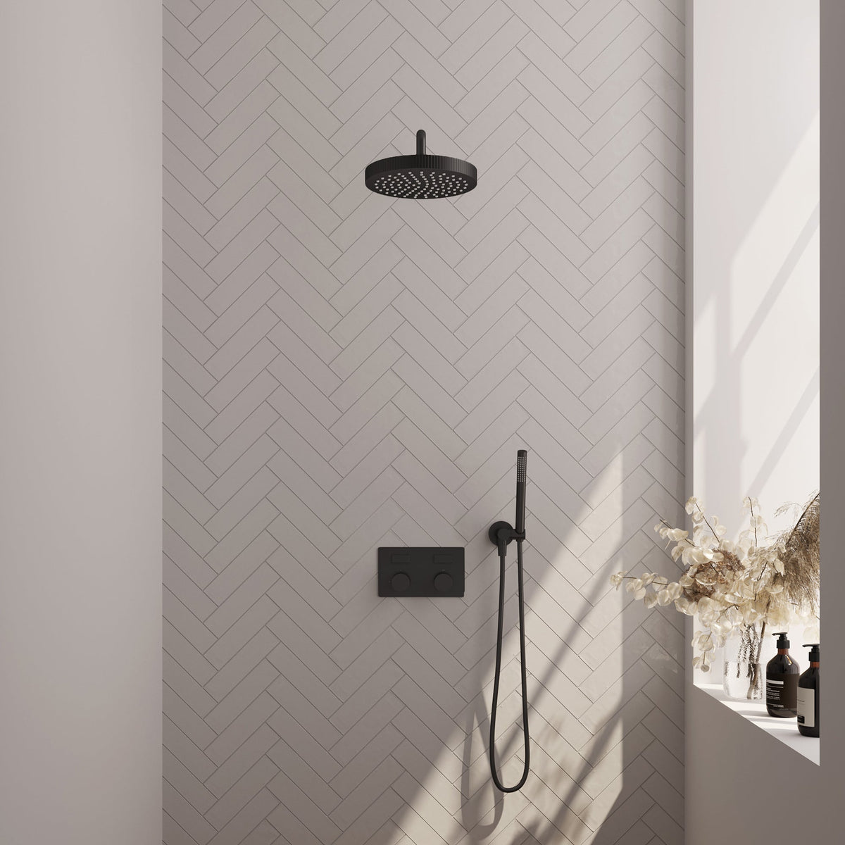 Brauer Stripe inbouw regendoucheset met drukknoppen - gebogen wandarm - staafhanddouche - wandhouder - Mat Zwart
