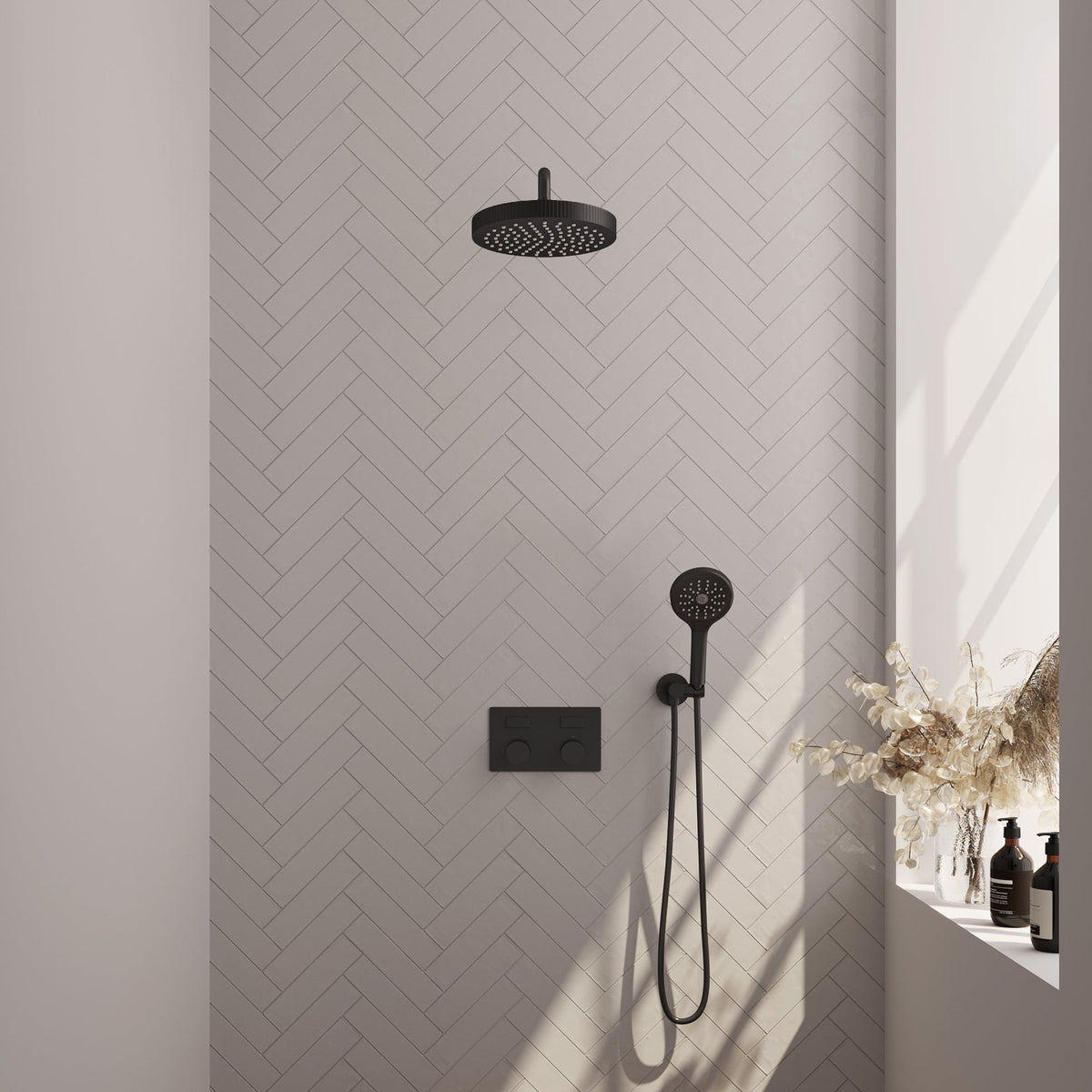 Brauer Stripe inbouw regendoucheset met drukknoppen - gebogen wandarm - 3-standen handdouche - wandhouder - Mat Zwart