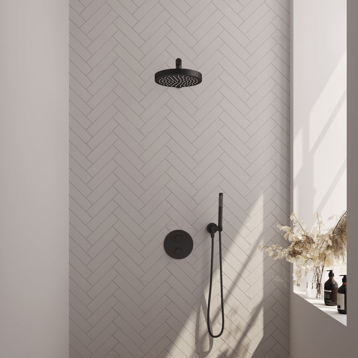 Brauer Stripe inbouw regendoucheset rond - rechte wandarm - staafhanddouche - wandhouder - Mat Zwart
