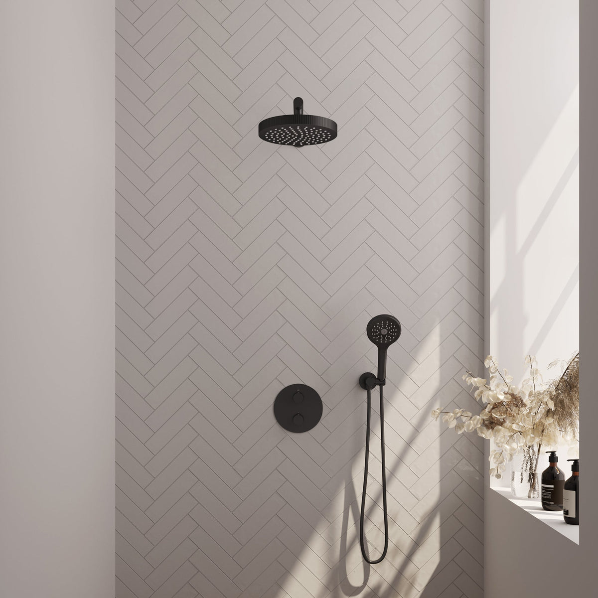Brauer Stripe inbouw regendoucheset rond - rechte wandarm - 3-standen handdouche - wandhouder - Mat Zwart