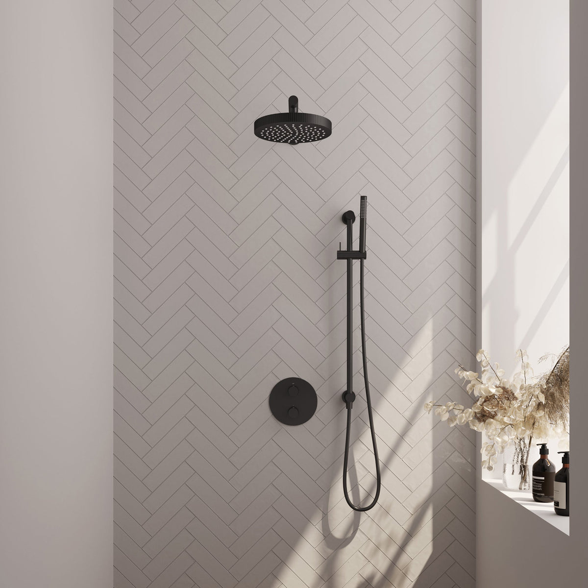 Brauer Stripe inbouw regendoucheset rond - rechte wandarm - staafhanddouche - glijstang - Mat Zwart