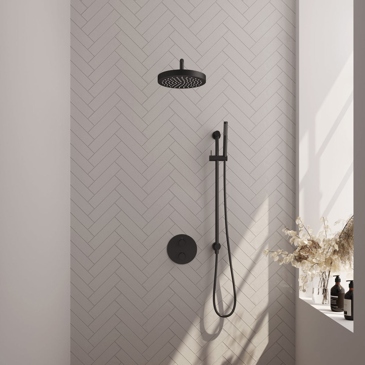 Brauer Stripe inbouw regendoucheset rond - gebogen wandarm - staafhanddouche - glijstang - Mat Zwart
