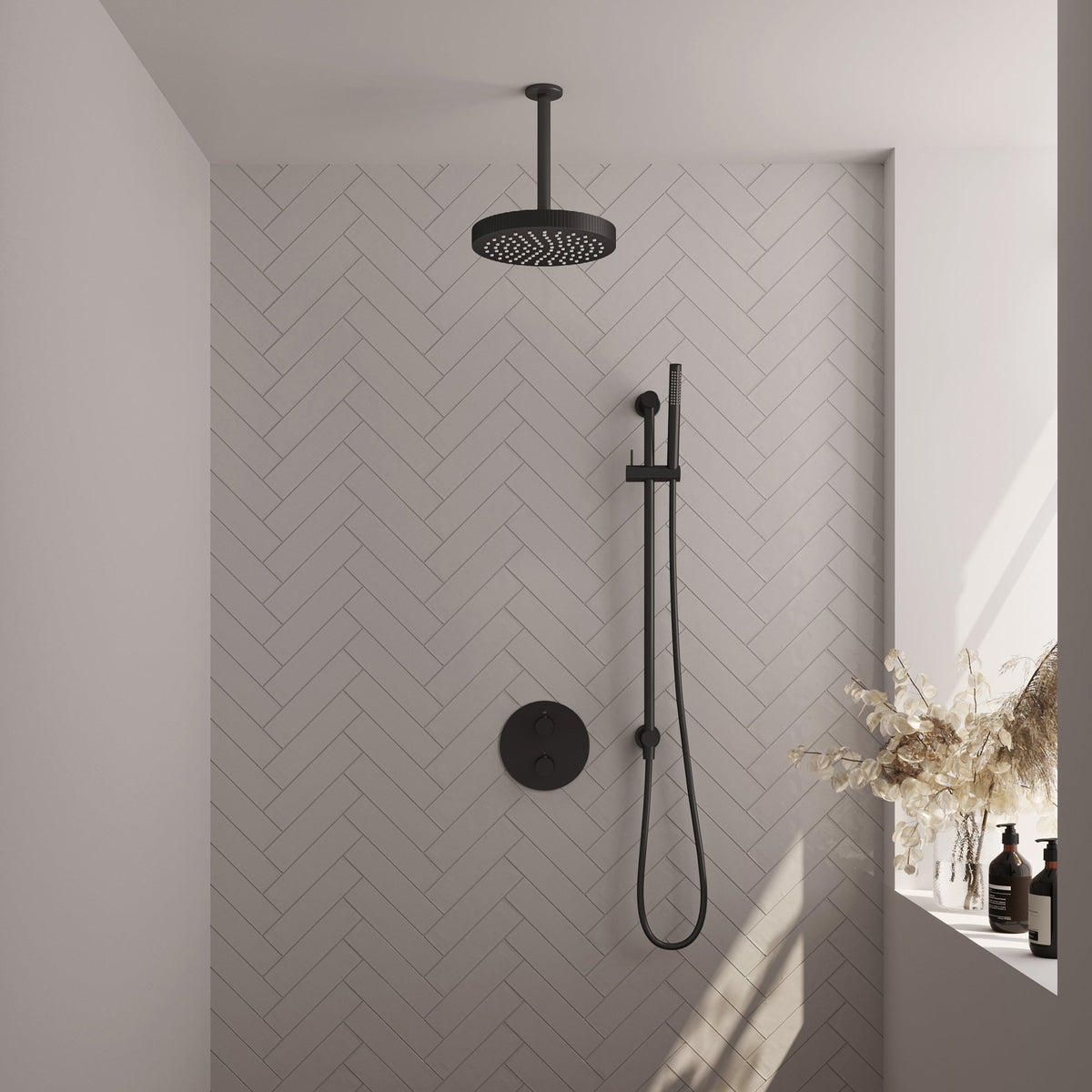 Brauer Stripe inbouw regendoucheset rond  - 20cm plafondbuis - staafhanddouche - glijstang - Mat Zwart