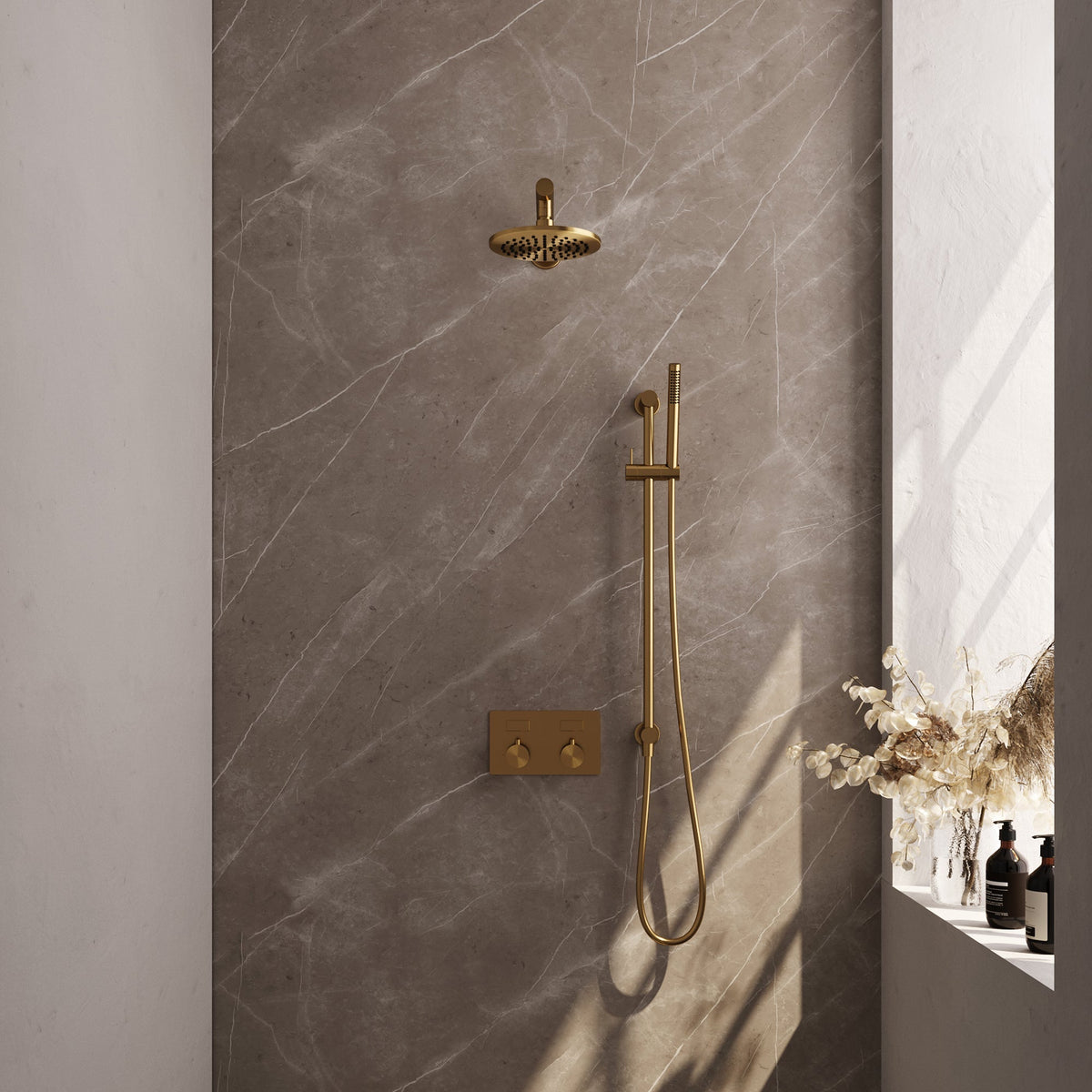 Brauer Edition inbouw doucheset - staafhanddouche - 20cm hoofdouche - rechte wandarm - glijstang - Geborsteld Goud PVD