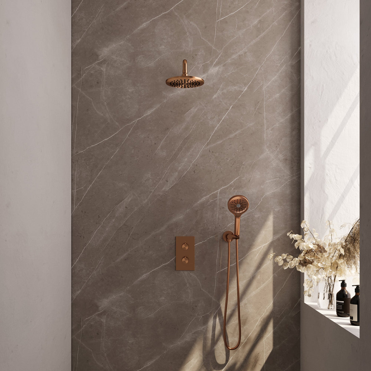 Brauer Edition inbouwset met 3-weg thermostaat - hoofddouche 20cm - gebogen wandarm 40cm - ronde 3-standen handdouche - wandaansluiting - Geborsteld Koper PVD
