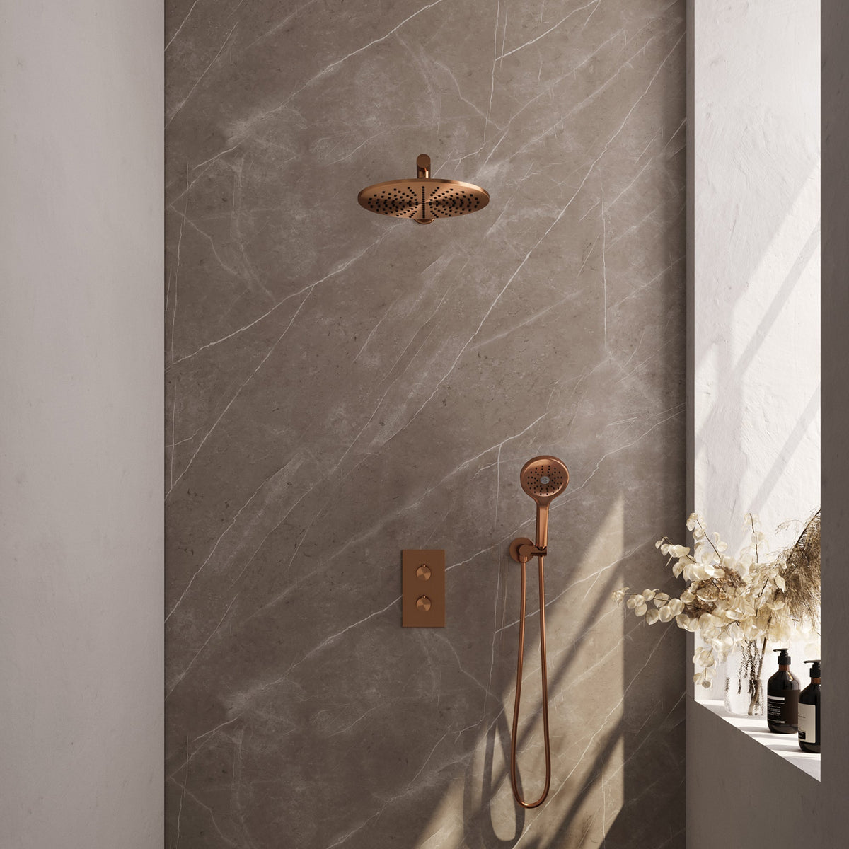 Brauer Edition inbouwset met 3-weg thermostaat - hoofddouche 30cm - rechte wandarm 40cm - ronde 3-standen handdouche - wandaansluiting - Geborsteld Koper PVD