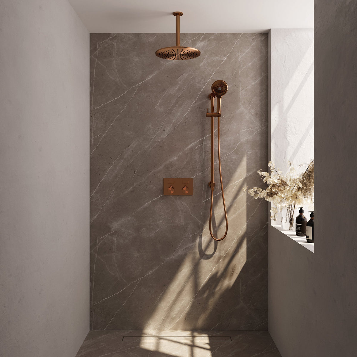 Brauer Edition inbouw doucheset - ronde handdouche - 30cm hoofdouche - plafondbuis - glijstang - Geborsteld Koper PVD