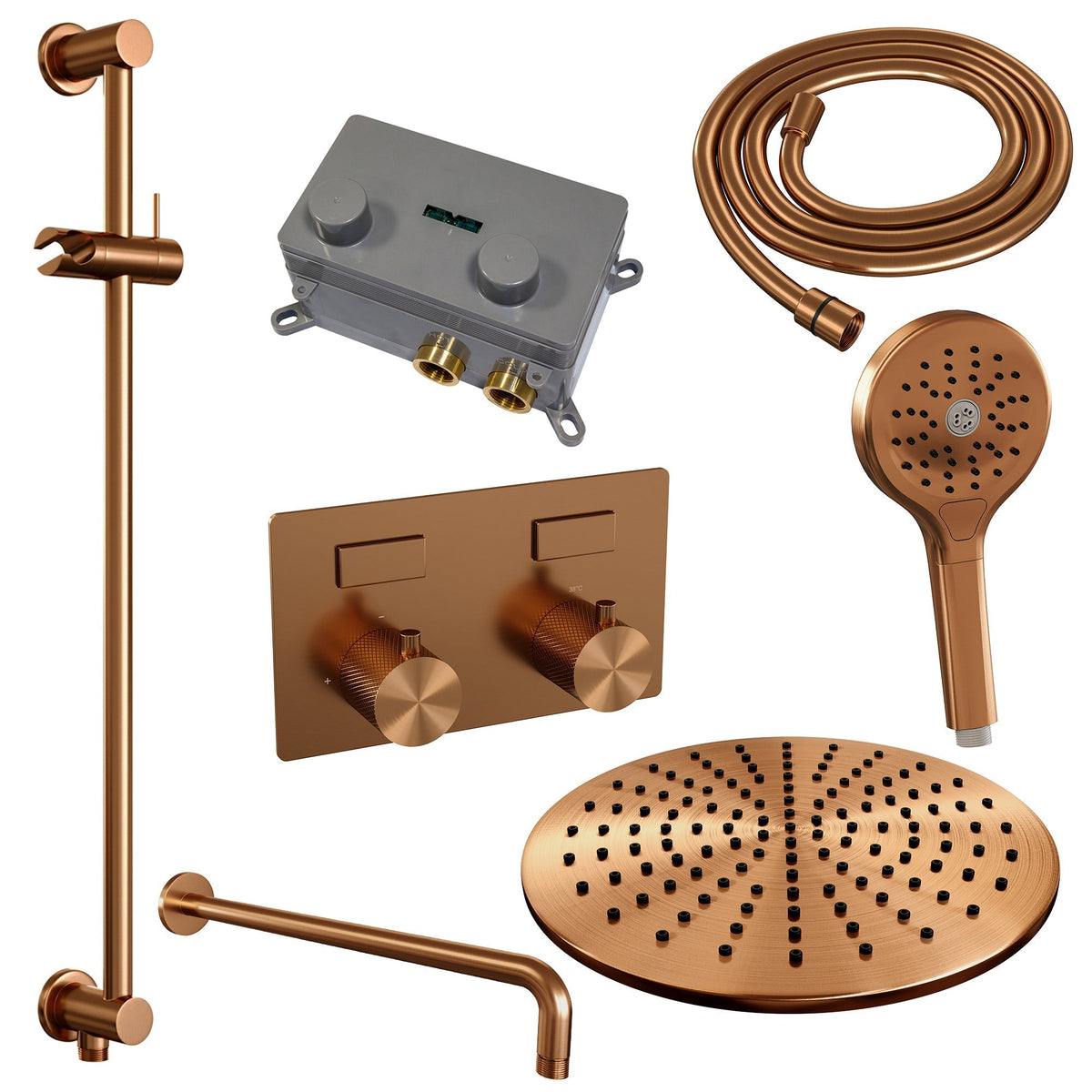 Brauer Carving inbouw doucheset - ronde handdouche - 30cm hoofdouche - gebogen wandarm - glijstang - Geborsteld Koper PVD
