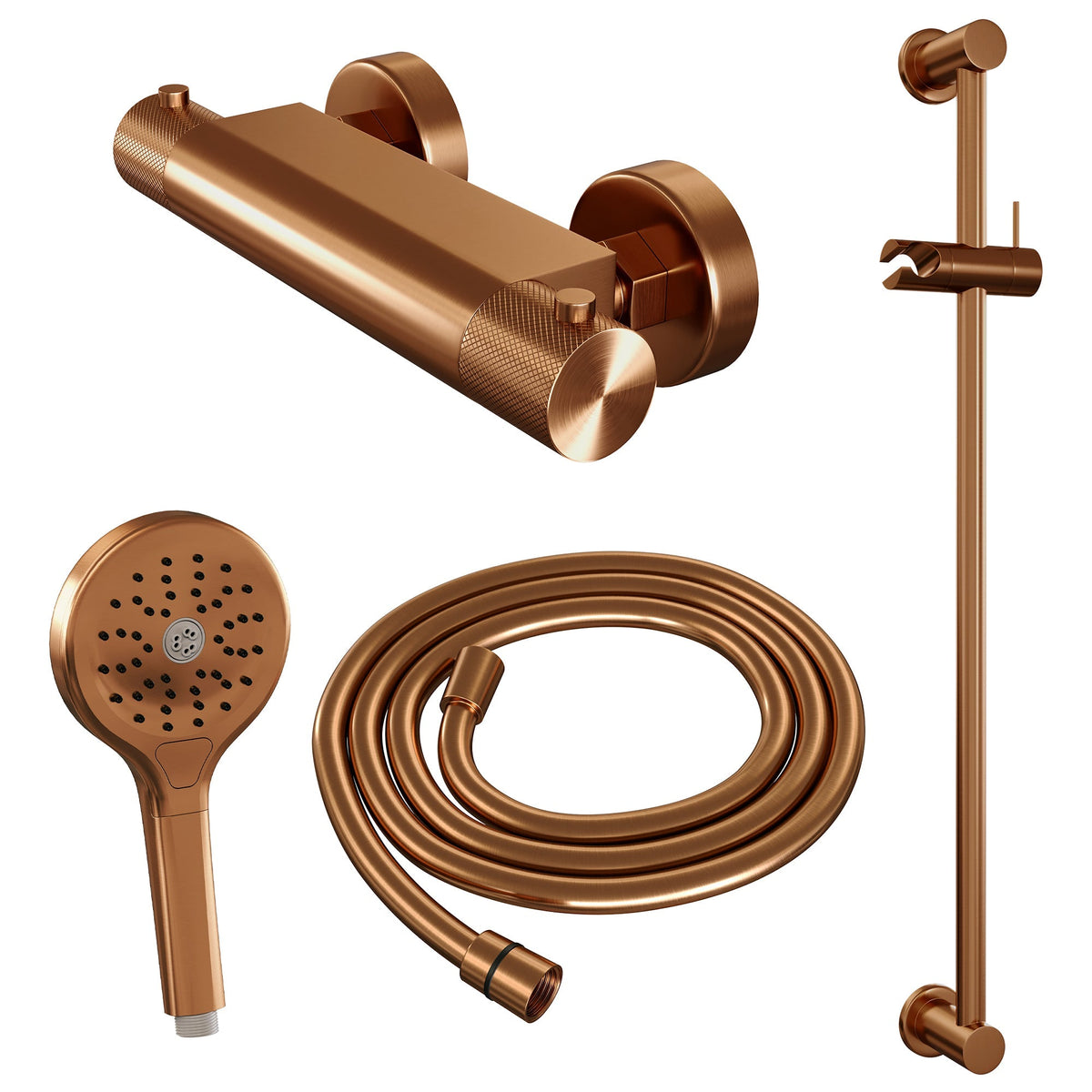 Brauer Carving glijstangset met thermostaat - 3-standen handdouche - Geborsteld Koper PVD