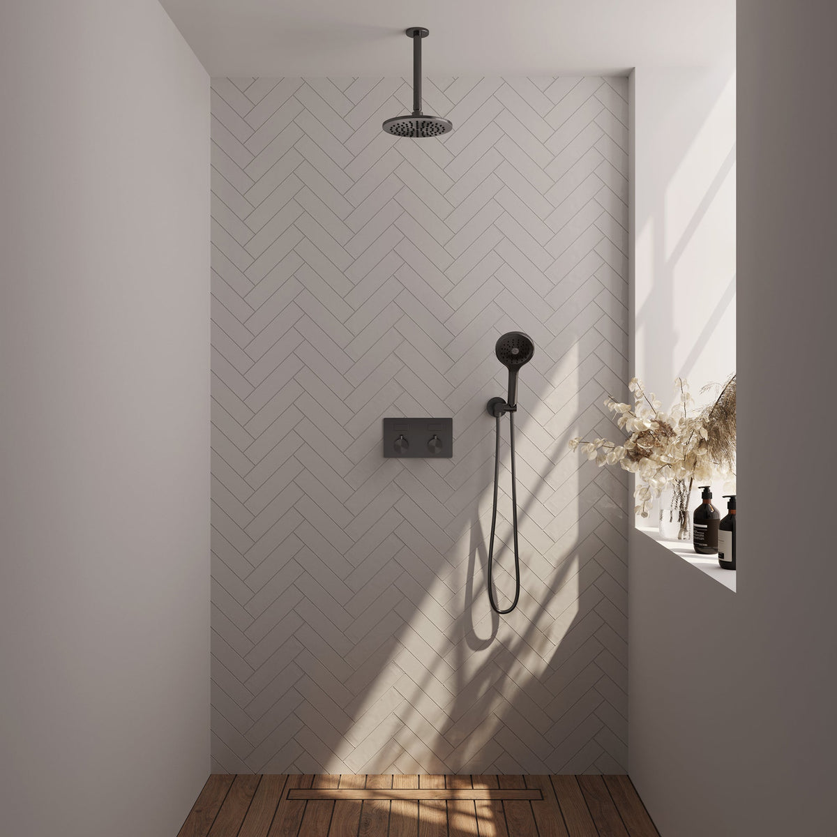 Brauer Edition inbouw doucheset - ronde handdouche - 20cm hoofdouche - plafondbuis - wandsteun - Geborsteld Gunmetal PVD