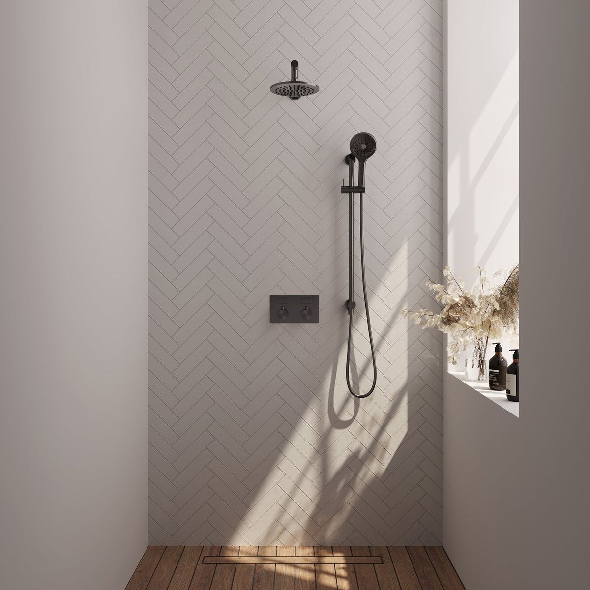 Brauer Edition inbouw doucheset - ronde handdouche - 20cm hoofdouche - rechte wandarm - glijstang - Geborsteld Gunmetal PVD