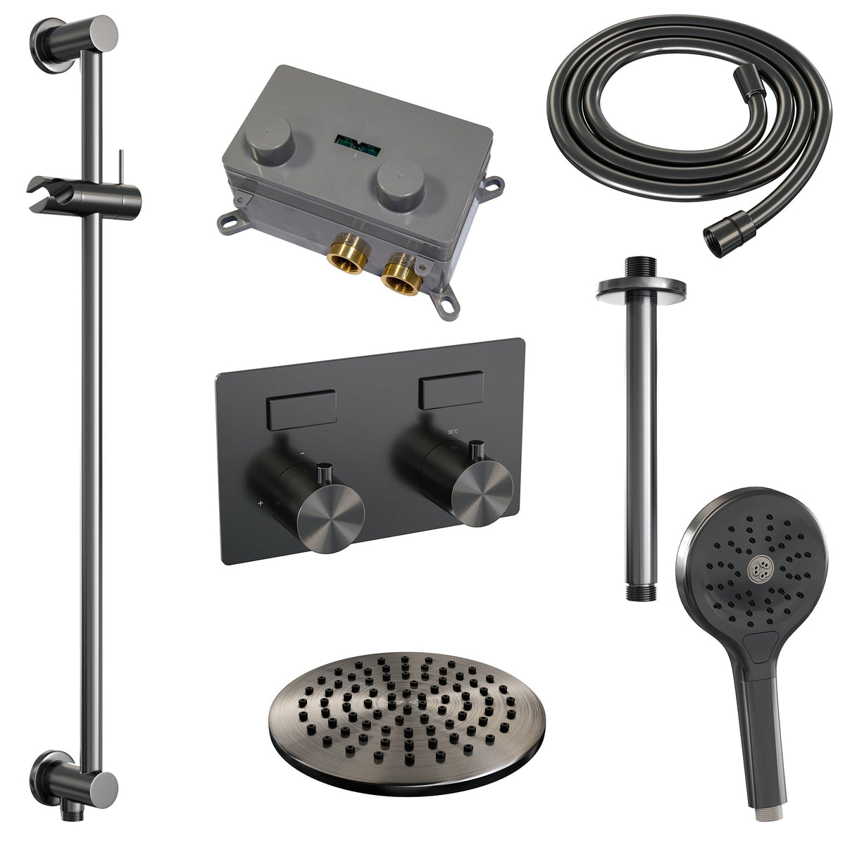 Brauer Edition inbouw doucheset - ronde handdouche - 20cm hoofdouche - plafondbuis - glijstang - Geborsteld Gunmetal PVD