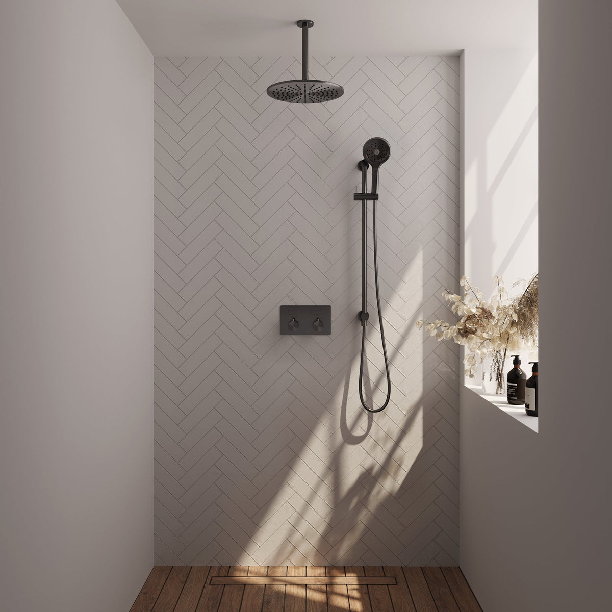 Brauer Edition inbouw doucheset - ronde handdouche - 30cm hoofdouche - plafondbuis - glijstang - Geborsteld Gunmetal PVD