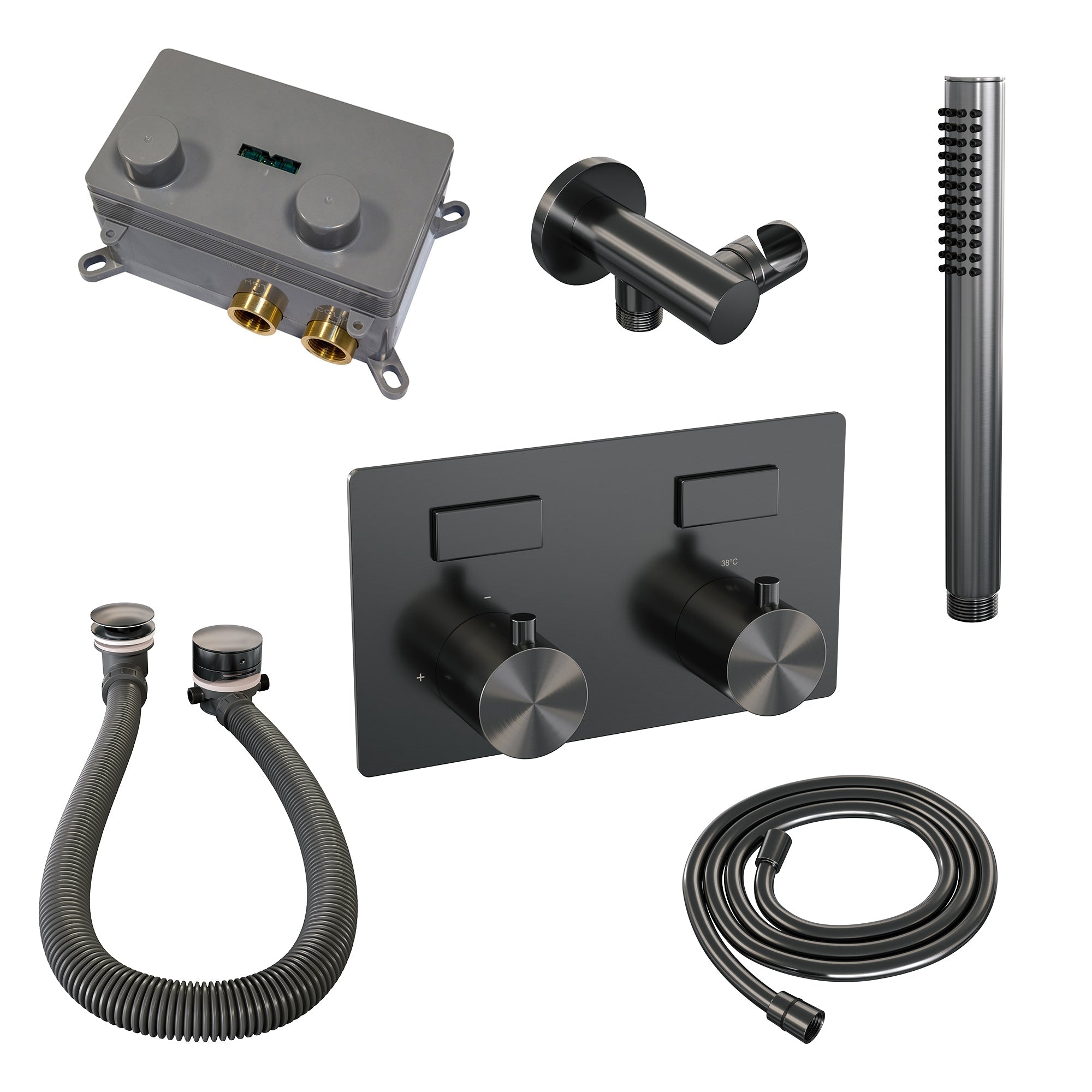 Brauer Brushed Edition thermostatische inbouw badkraan met drukknoppen SET 03 met badvulcombinatie en staaf handdouche en doucheslang en wandaansluitbocht RVS geborsteld PVD - 5-NG-208