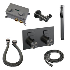 Brauer Brushed Edition thermostatische inbouw badkraan met drukknoppen SET 03 met badvulcombinatie en staaf handdouche en doucheslang en wandaansluitbocht RVS geborsteld PVD - 5-NG-208