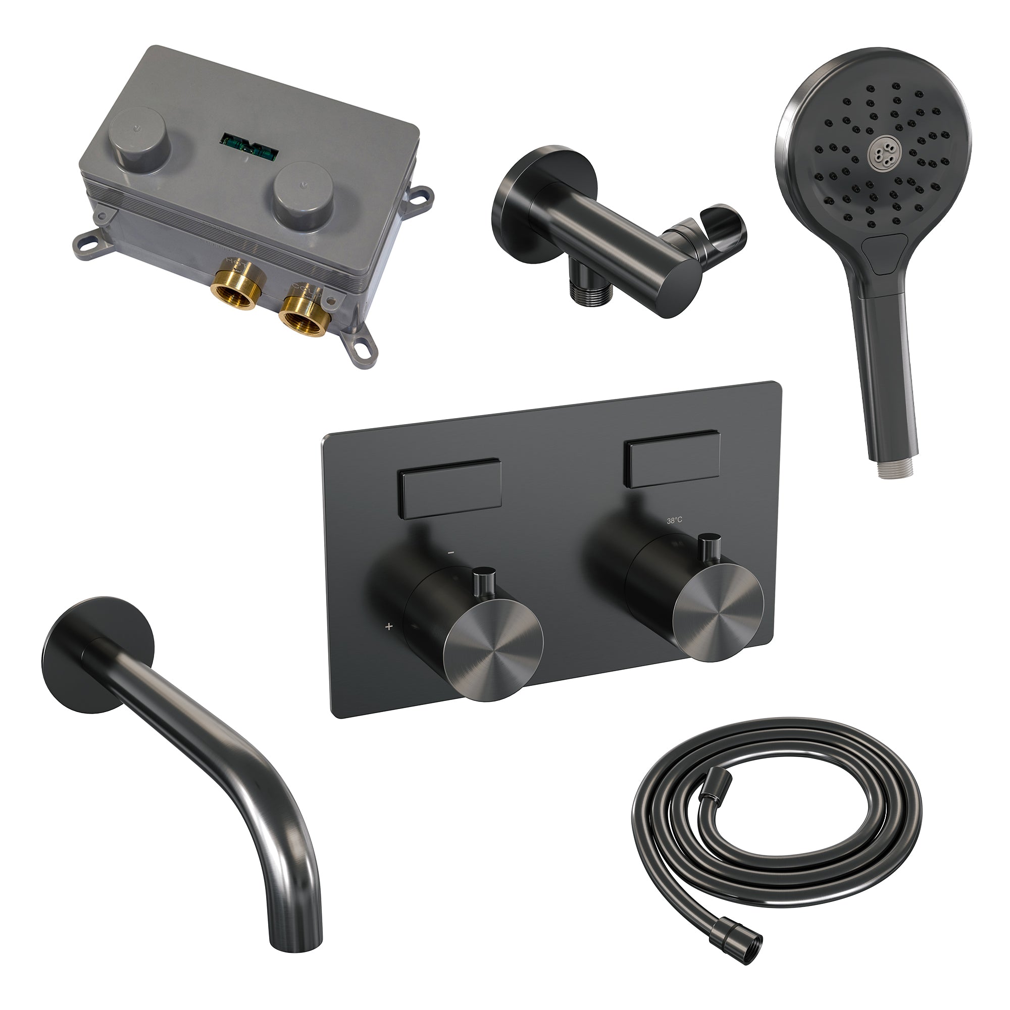 Brauer Brushed Edition thermostatische inbouw badkraan met drukknoppen SET 04 met uitloop en 3-standen handdouche en doucheslang en wandaansluitbocht RVS geborsteld PVD - 5-NG-211
