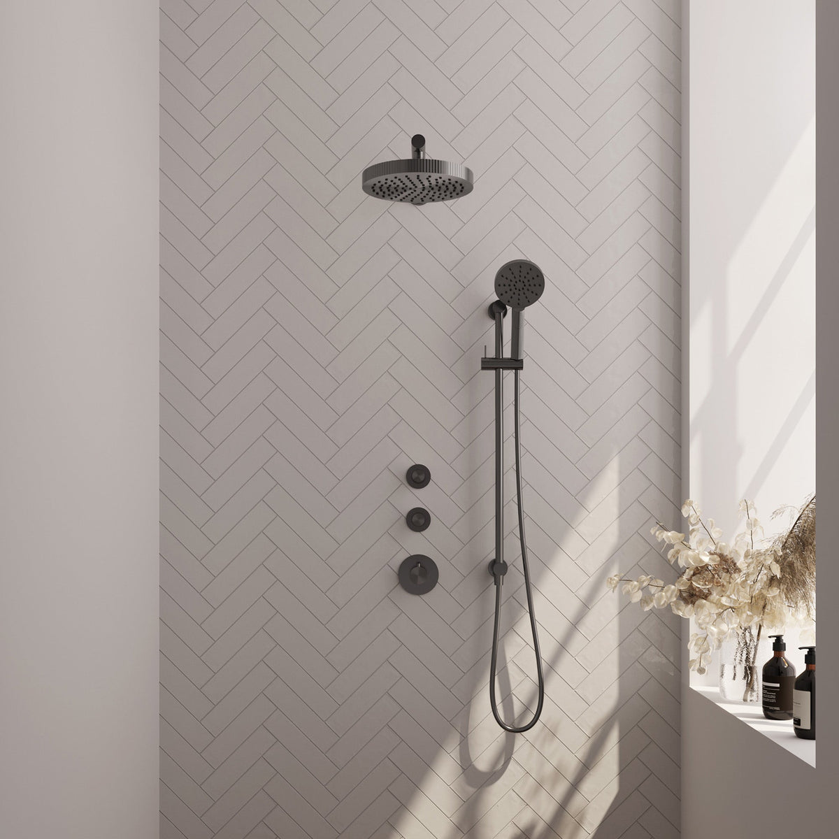 Brauer Stripe inbouw regendoucheset met 2 stopkranen - gebogen wandarm - 3-standen handdouche - glijstang - Geborsteld Gunmetal PVD
