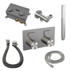 Brauer Brushed Carving thermostatische inbouw badkraan met badvulcombinatie en staafhanddouche set 3 RVS geborsteld PVD