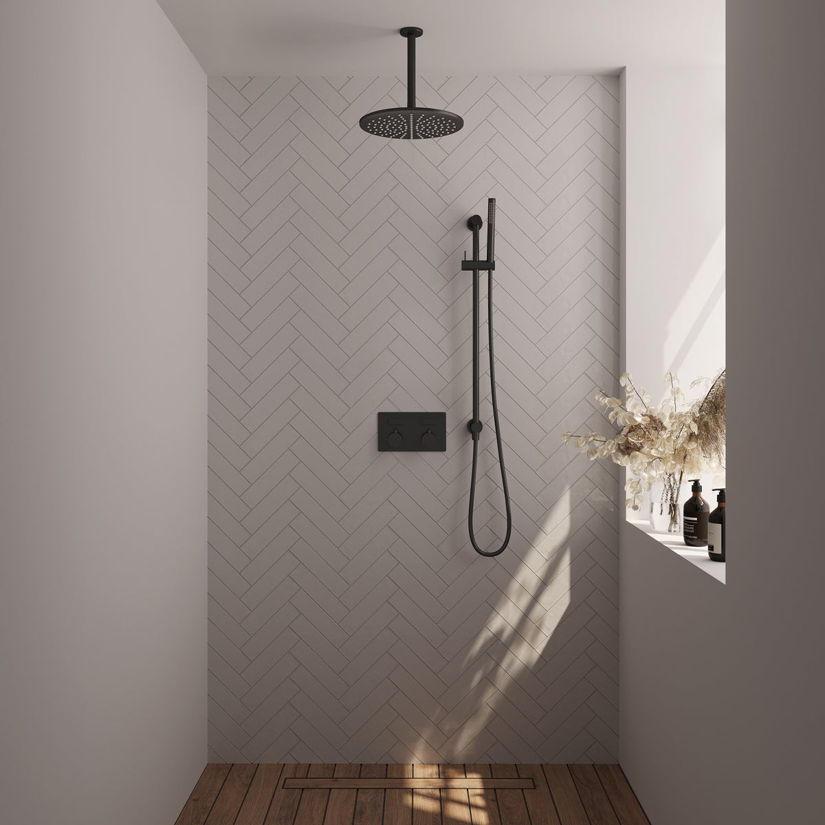 BRAUER Black Edition thermostatische inbouw regendouche met drukknoppen SET 66 met 30 cm douchekop en plafondarm en staaf handdouche en doucheslang en geïntegreerde glijstang mat zwart