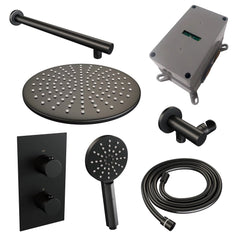 BRAUER Black Edition thermostatische inbouw regendouche 3-weg omstelling SET 32 met 30 cm douchekop en rechte muurarm en 3-standen handdouche en doucheslang en wandaansluitbocht mat zwart