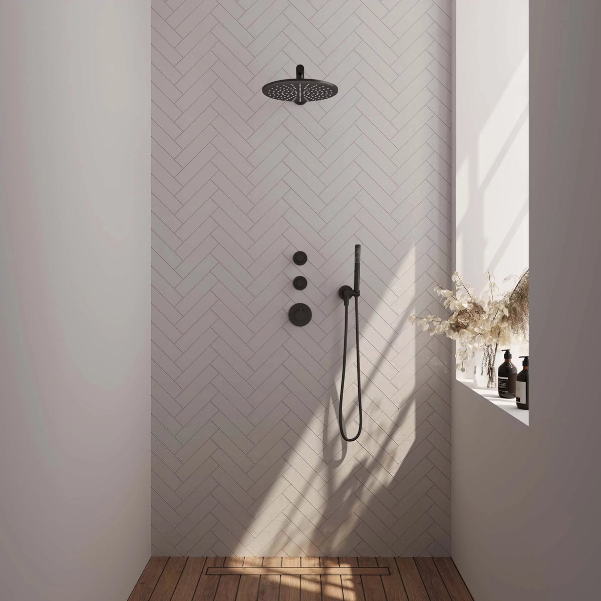 BRAUER Black Edition thermostatische inbouw regendouche SET 02 met 30 cm douchekop en rechte muurarm en staaf handdouche en doucheslang en wandaansluitbocht mat zwart